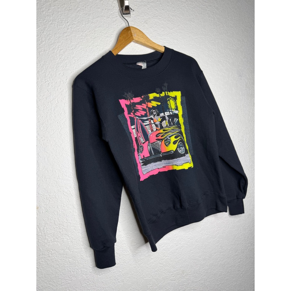 VTG 80s Surfing Crewneck Sweatshirt Black Neon Hot Rod Graphic Retro 17.5x23.5